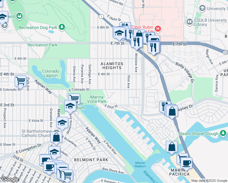 map of restaurants, bars, coffee shops, grocery stores, and more near 5507 Windward Street in Long Beach