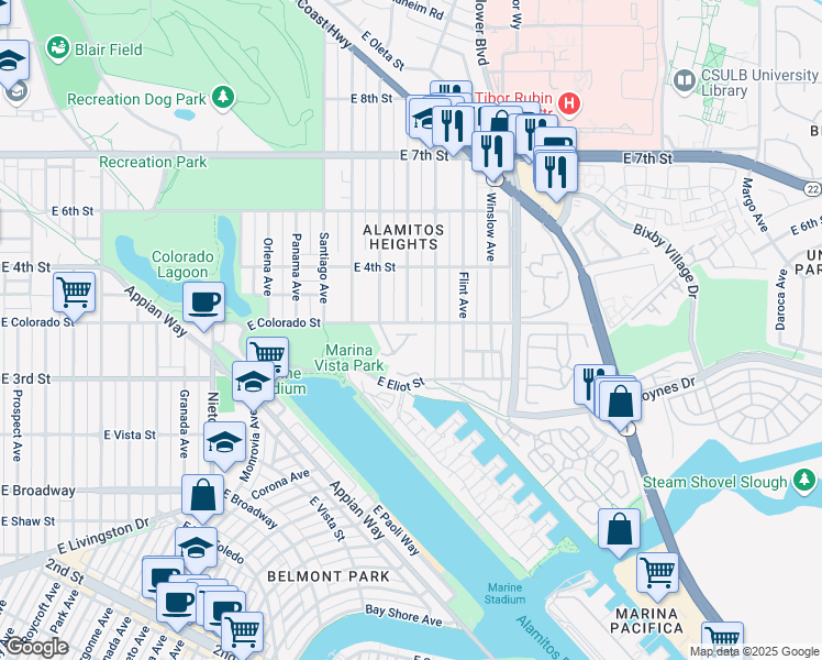 map of restaurants, bars, coffee shops, grocery stores, and more near 5507 Windward Street in Long Beach