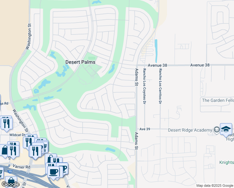 map of restaurants, bars, coffee shops, grocery stores, and more near 78843 Waterford Lane in Palm Desert