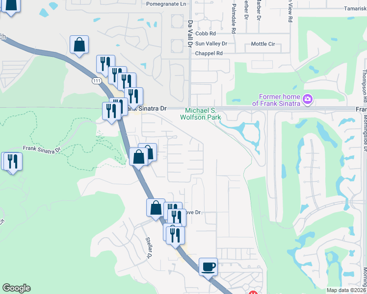 map of restaurants, bars, coffee shops, grocery stores, and more near 281 Turf Paradise Street in Rancho Mirage