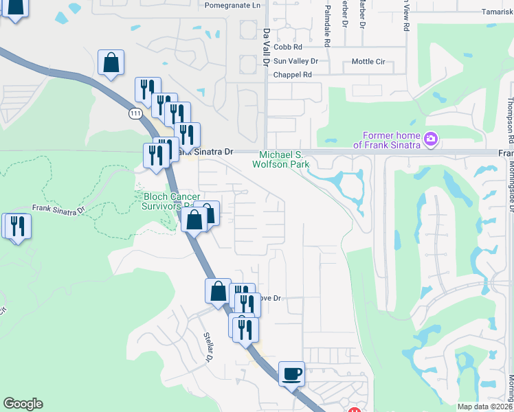 map of restaurants, bars, coffee shops, grocery stores, and more near 106 Bay Meadows Street in Rancho Mirage