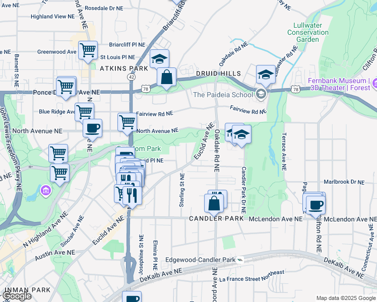 map of restaurants, bars, coffee shops, grocery stores, and more near 560 Goldsboro Road Northeast in Atlanta