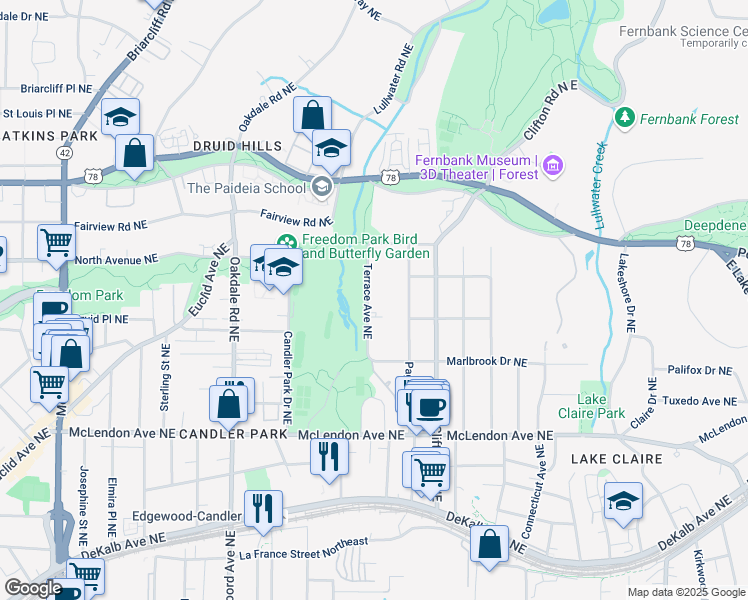 map of restaurants, bars, coffee shops, grocery stores, and more near 565 Terrace Avenue Northeast in Atlanta
