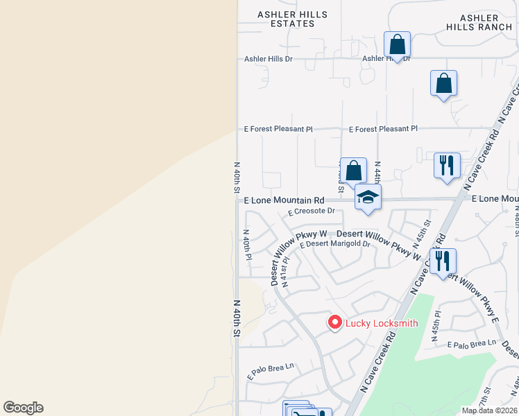 map of restaurants, bars, coffee shops, grocery stores, and more near 31275 North 41st Street in Cave Creek