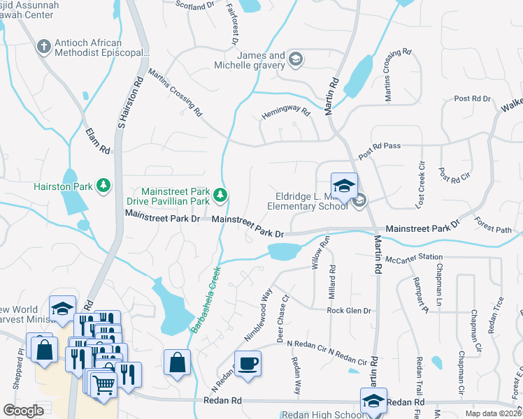 map of restaurants, bars, coffee shops, grocery stores, and more near 862 Bridgewater Court in Stone Mountain