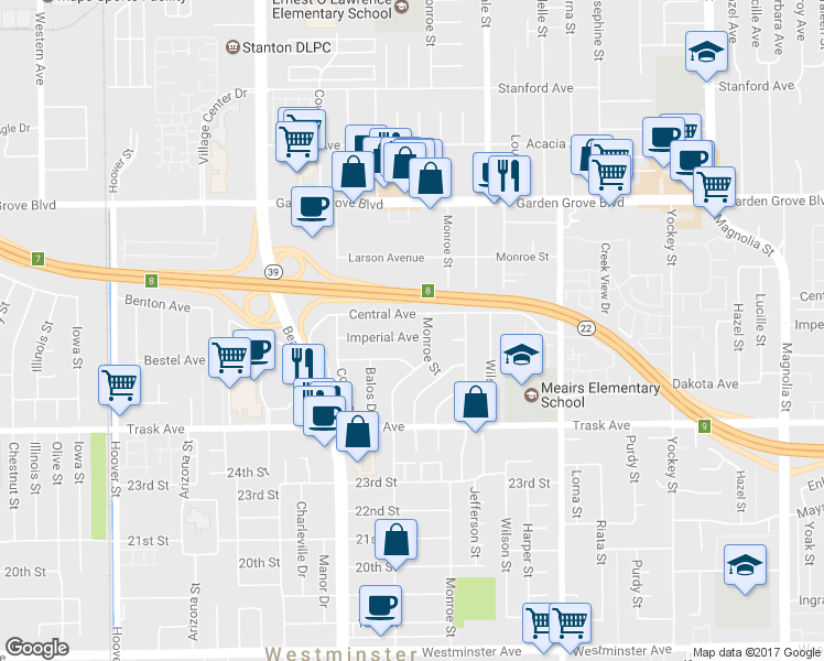 map of restaurants, bars, coffee shops, grocery stores, and more near 8151 Imperial Avenue in Garden Grove