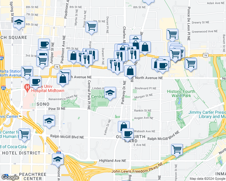 map of restaurants, bars, coffee shops, grocery stores, and more near 395 Linden Avenue Northeast in Atlanta