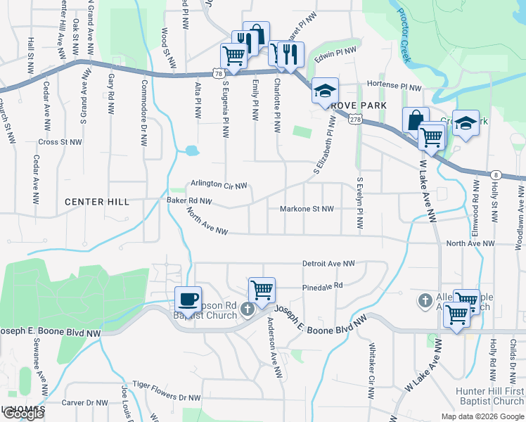 map of restaurants, bars, coffee shops, grocery stores, and more near 528 Emily Place Northwest in Atlanta