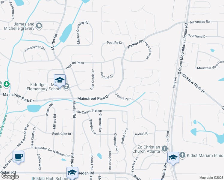 map of restaurants, bars, coffee shops, grocery stores, and more near 5290 Mainstreet Park Drive in Stone Mountain