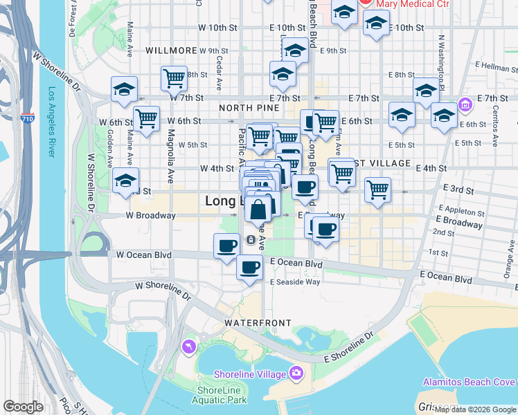 map of restaurants, bars, coffee shops, grocery stores, and more near 203 Pine Avenue in Long Beach