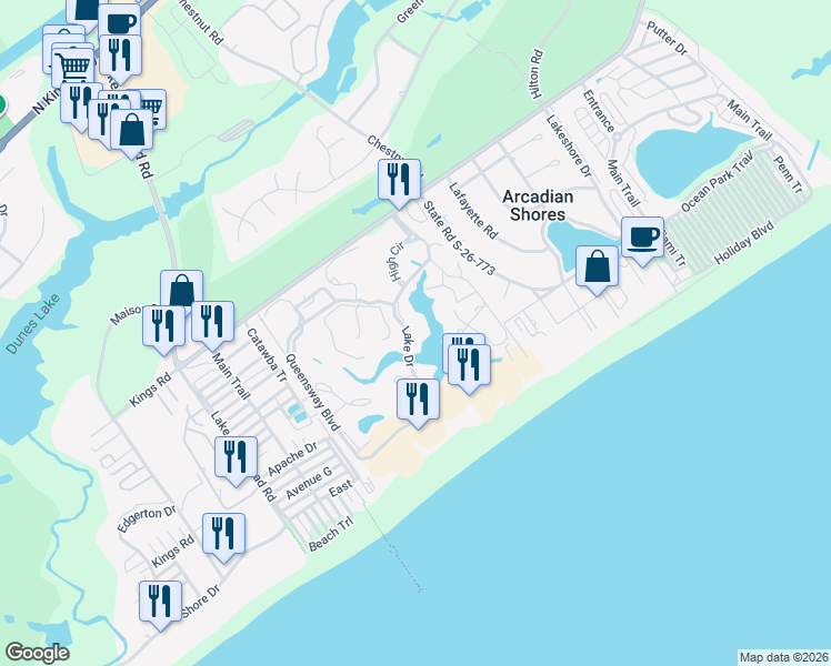 map of restaurants, bars, coffee shops, grocery stores, and more near 180 Rothbury Circle in Myrtle Beach