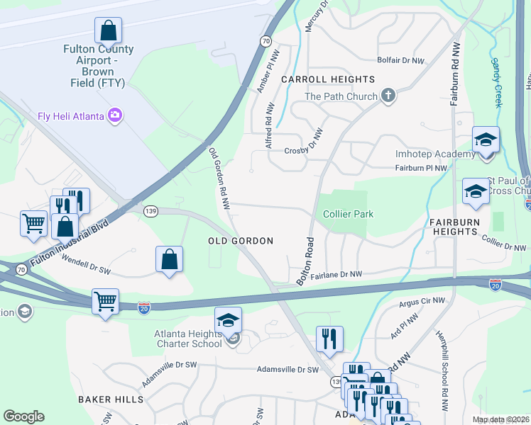 map of restaurants, bars, coffee shops, grocery stores, and more near 3800 Collier Drive Northwest in Atlanta