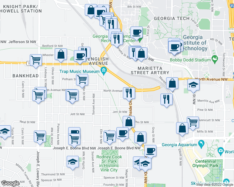 map of restaurants, bars, coffee shops, grocery stores, and more near 590 North Avenue Northwest in Atlanta