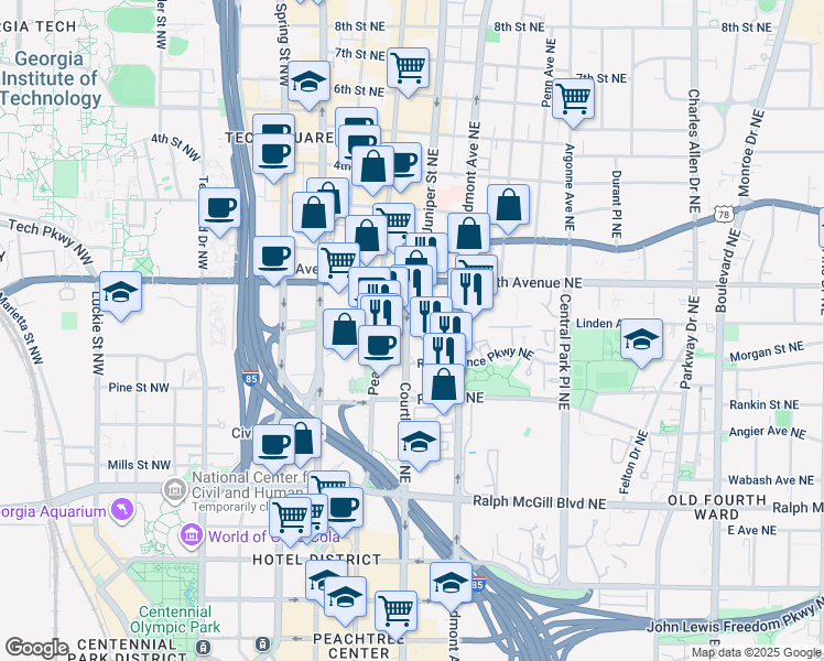 map of restaurants, bars, coffee shops, grocery stores, and more near 555 Courtland Street Northeast in Atlanta