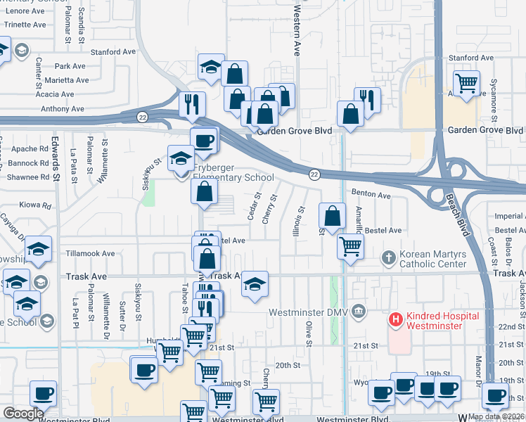 map of restaurants, bars, coffee shops, grocery stores, and more near 13251 Cherry Street in Westminster