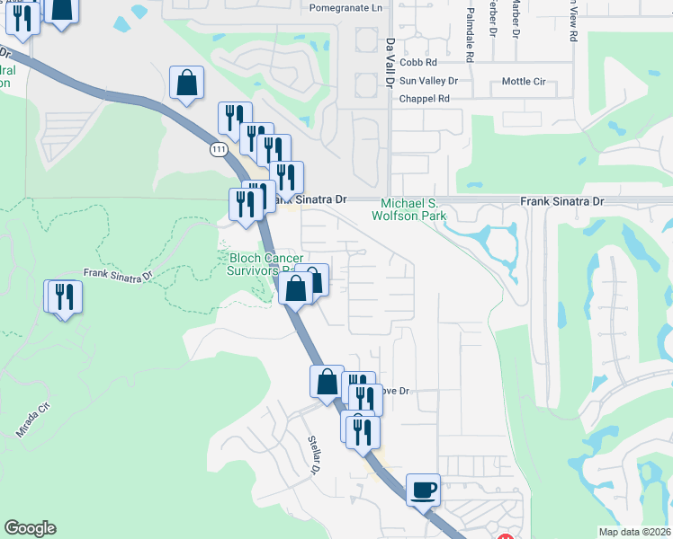 map of restaurants, bars, coffee shops, grocery stores, and more near 69850 California 111 in Rancho Mirage
