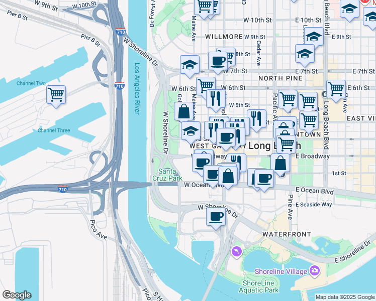 map of restaurants, bars, coffee shops, grocery stores, and more near 730 West 3rd Street in Long Beach