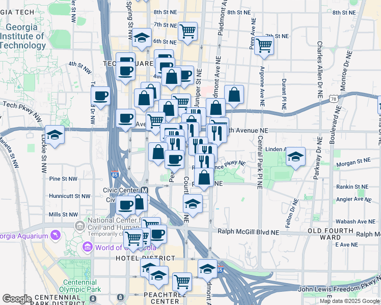 map of restaurants, bars, coffee shops, grocery stores, and more near 555 Courtland Street Northeast in Atlanta