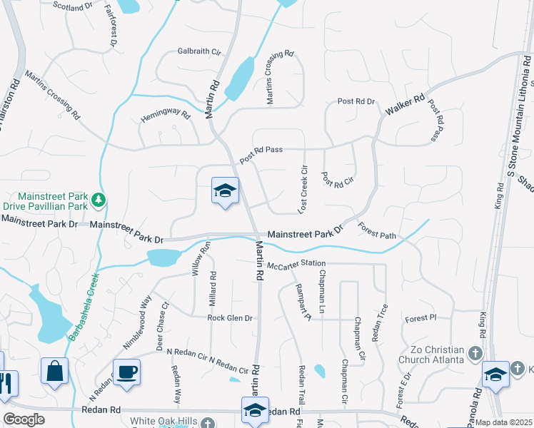 map of restaurants, bars, coffee shops, grocery stores, and more near 919 Lost Creek Circle in Stone Mountain