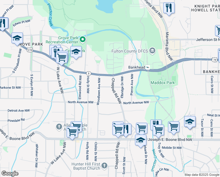 map of restaurants, bars, coffee shops, grocery stores, and more near 1428 Blyss Avenue Northwest in Atlanta