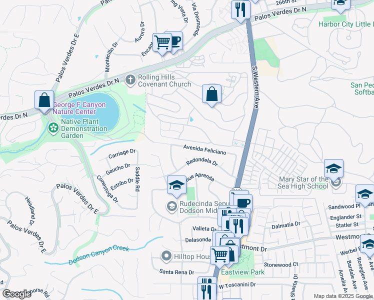 map of restaurants, bars, coffee shops, grocery stores, and more near 1990 Avenida Feliciano in Rancho Palos Verdes