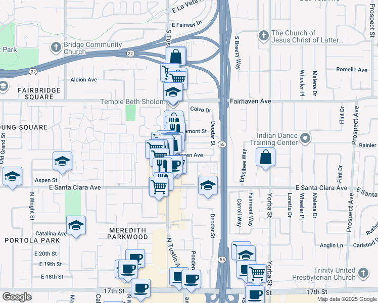 map of restaurants, bars, coffee shops, grocery stores, and more near 2229 Franzen Avenue in Santa Ana