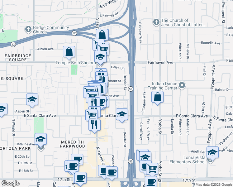 map of restaurants, bars, coffee shops, grocery stores, and more near 2309 Franzen Avenue in Santa Ana