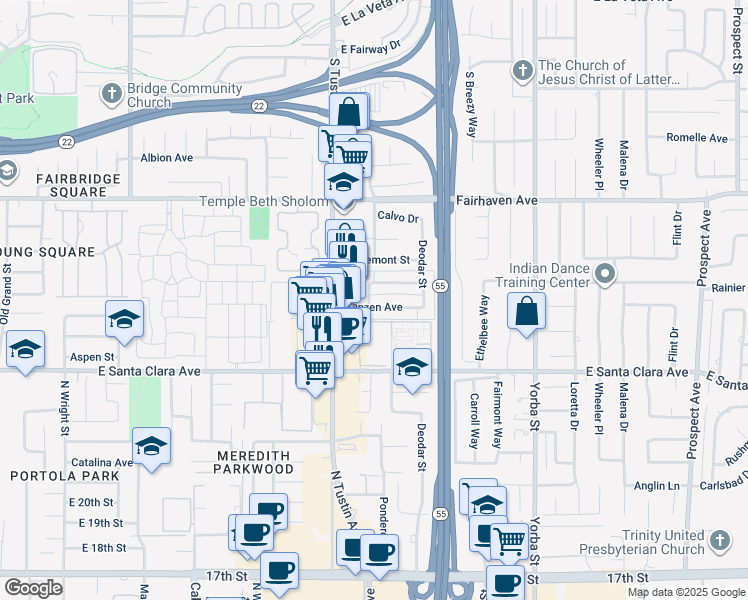 map of restaurants, bars, coffee shops, grocery stores, and more near 2229 Franzen Avenue in Santa Ana