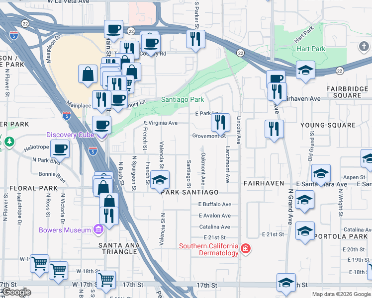 map of restaurants, bars, coffee shops, grocery stores, and more near 2503 Poinsettia Street North in Santa Ana