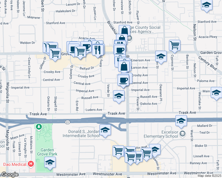 map of restaurants, bars, coffee shops, grocery stores, and more near 13291 Fletcher Street in Garden Grove