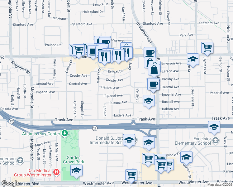 map of restaurants, bars, coffee shops, grocery stores, and more near 9742 Imperial Avenue in Garden Grove