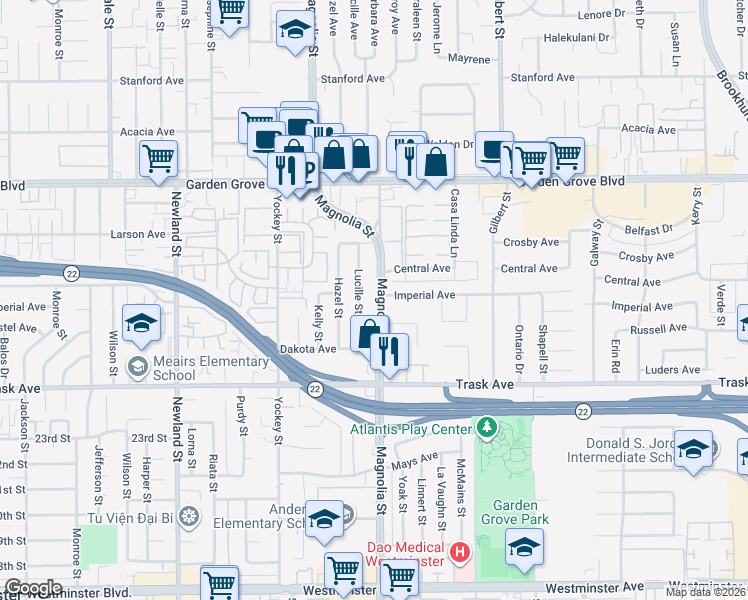 map of restaurants, bars, coffee shops, grocery stores, and more near 9022 Imperial Avenue in Garden Grove