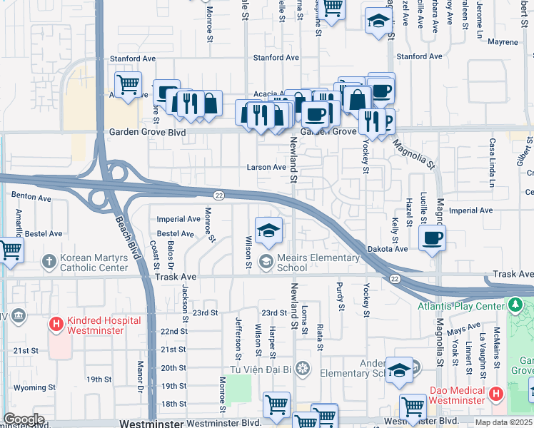 map of restaurants, bars, coffee shops, grocery stores, and more near 13273 Woodbrook Circle in Garden Grove