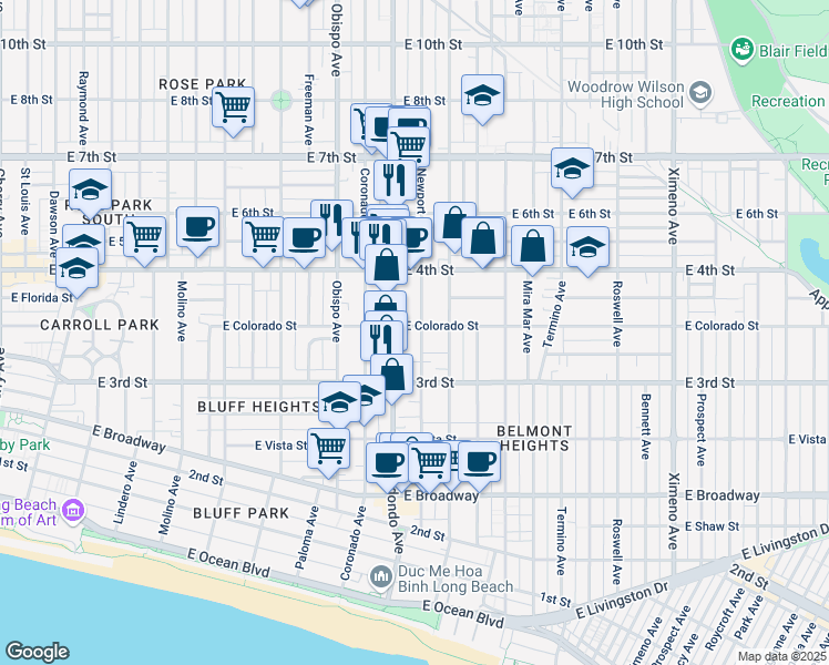 map of restaurants, bars, coffee shops, grocery stores, and more near 336 Redondo Avenue in Long Beach