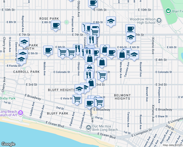 map of restaurants, bars, coffee shops, grocery stores, and more near 336 Redondo Avenue in Long Beach