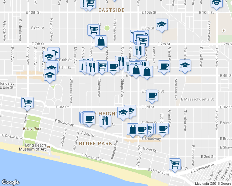 map of restaurants, bars, coffee shops, grocery stores, and more near 8 Eucalyptus Lane in Long Beach