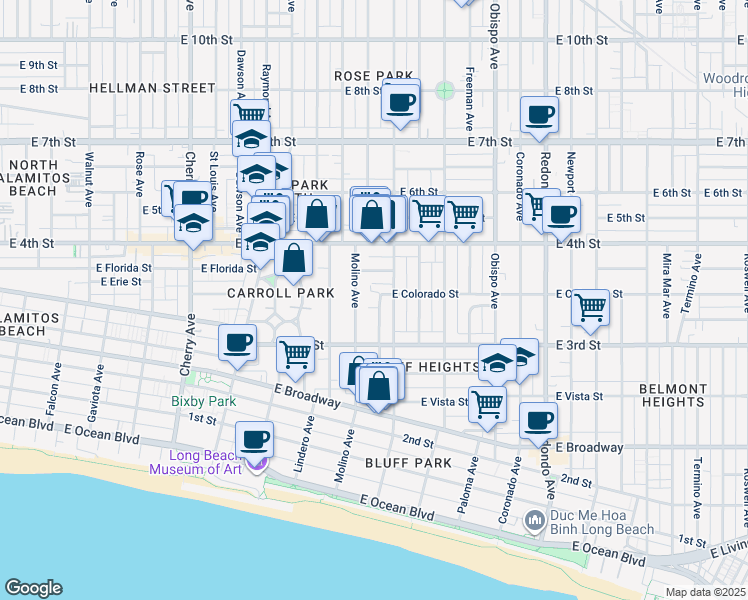 map of restaurants, bars, coffee shops, grocery stores, and more near in Long Beach