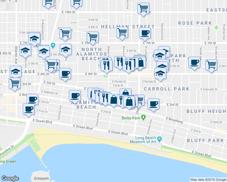 map of restaurants, bars, coffee shops, grocery stores, and more near 1617 East 3rd Street in Long Beach