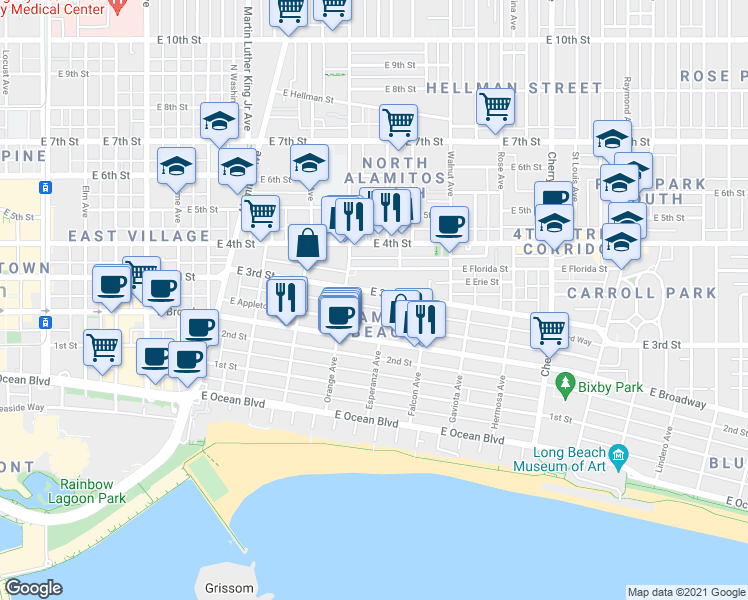 map of restaurants, bars, coffee shops, grocery stores, and more near 1216 East 3rd Street in Long Beach