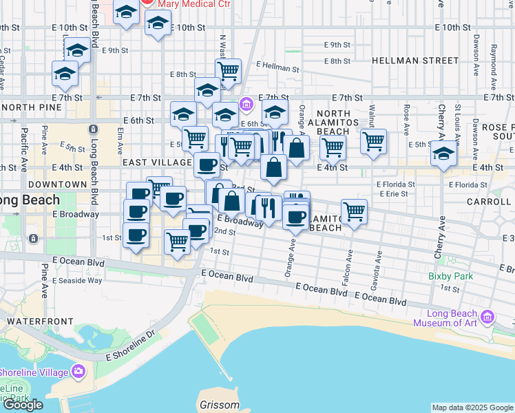 map of restaurants, bars, coffee shops, grocery stores, and more near 1061 East Appleton Street in Long Beach