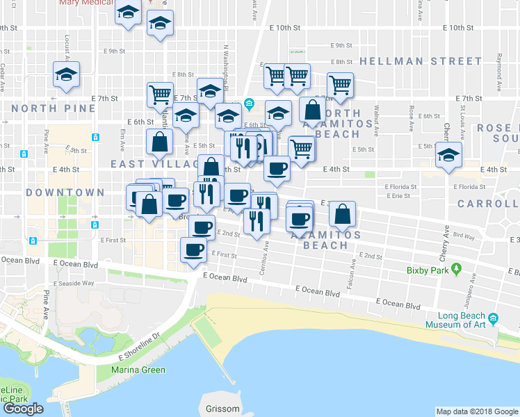 map of restaurants, bars, coffee shops, grocery stores, and more near 1061 East Appleton Street in Long Beach