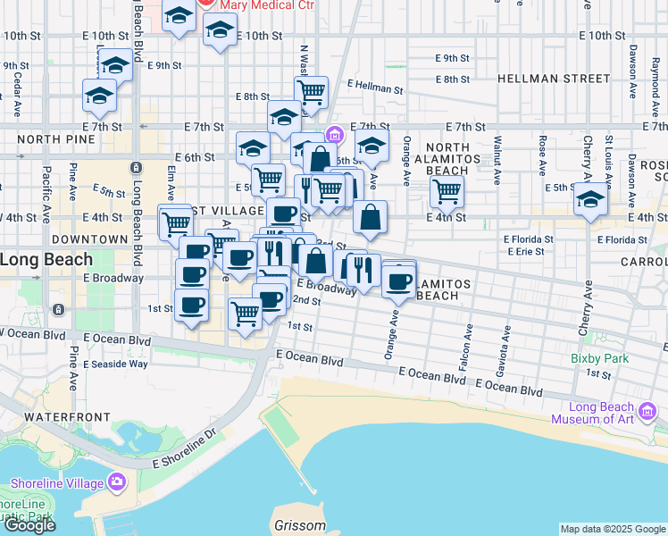 map of restaurants, bars, coffee shops, grocery stores, and more near 241 Bonito Avenue in Long Beach