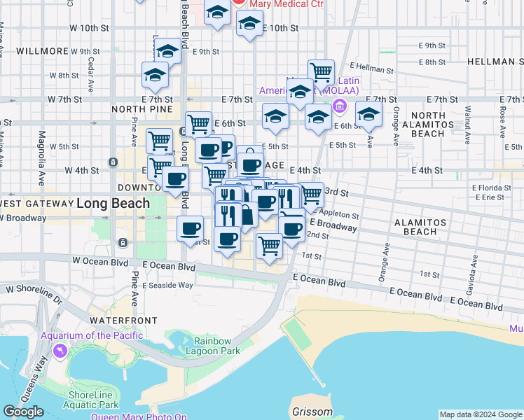 map of restaurants, bars, coffee shops, grocery stores, and more near in Long Beach
