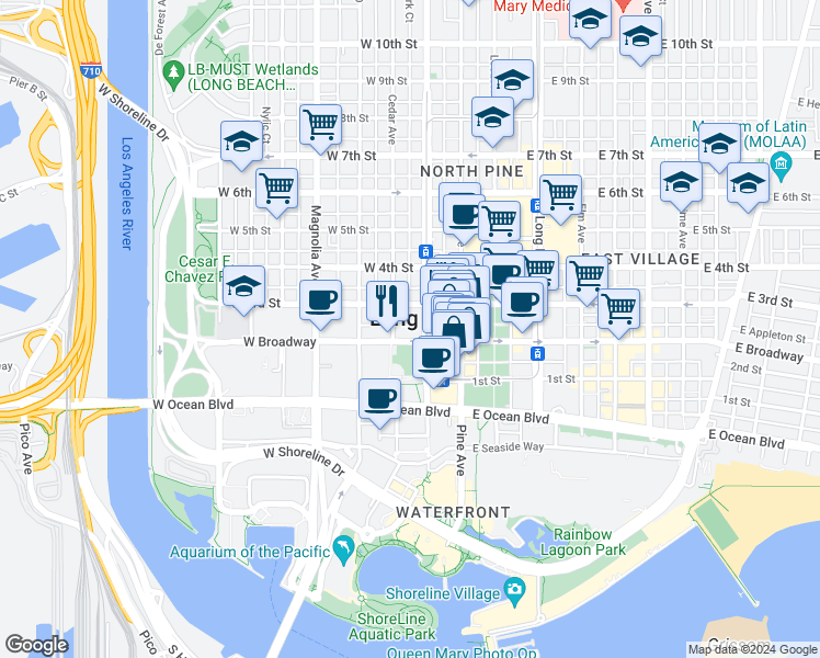 map of restaurants, bars, coffee shops, grocery stores, and more near in Long Beach