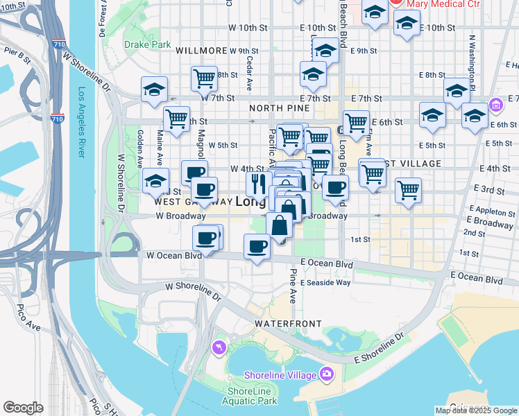 map of restaurants, bars, coffee shops, grocery stores, and more near in Long Beach