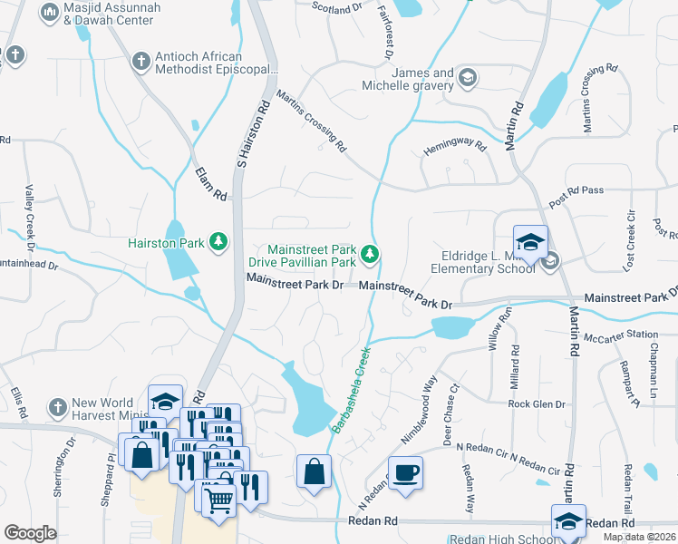 map of restaurants, bars, coffee shops, grocery stores, and more near 779 Heritage Oaks Drive in Stone Mountain