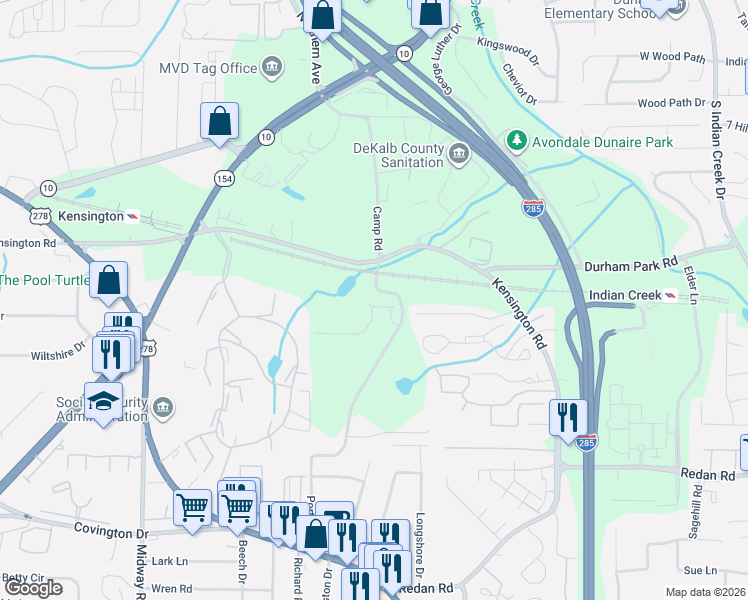 map of restaurants, bars, coffee shops, grocery stores, and more near 879 Porter Road in Decatur
