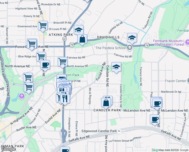 map of restaurants, bars, coffee shops, grocery stores, and more near 1343 Euclid Avenue Northeast in Atlanta