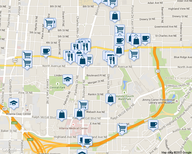 map of restaurants, bars, coffee shops, grocery stores, and more near in Atlanta