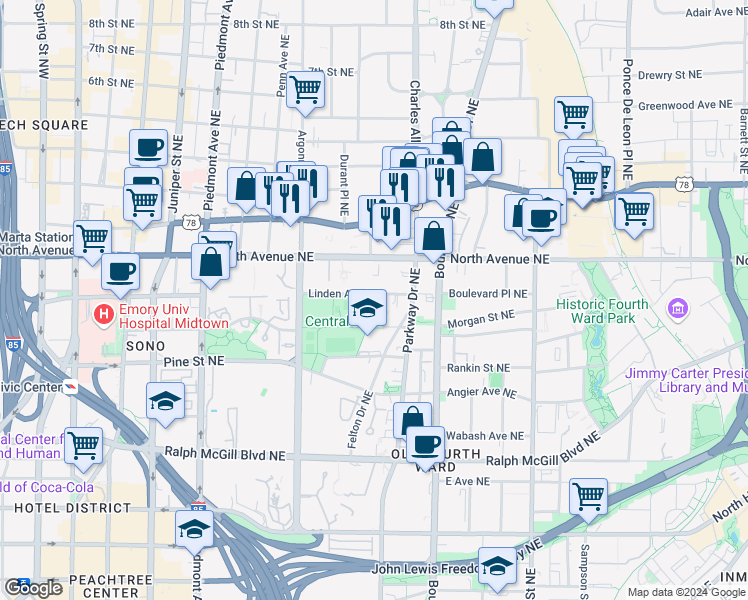 map of restaurants, bars, coffee shops, grocery stores, and more near 389 Linden Avenue Northeast in Atlanta